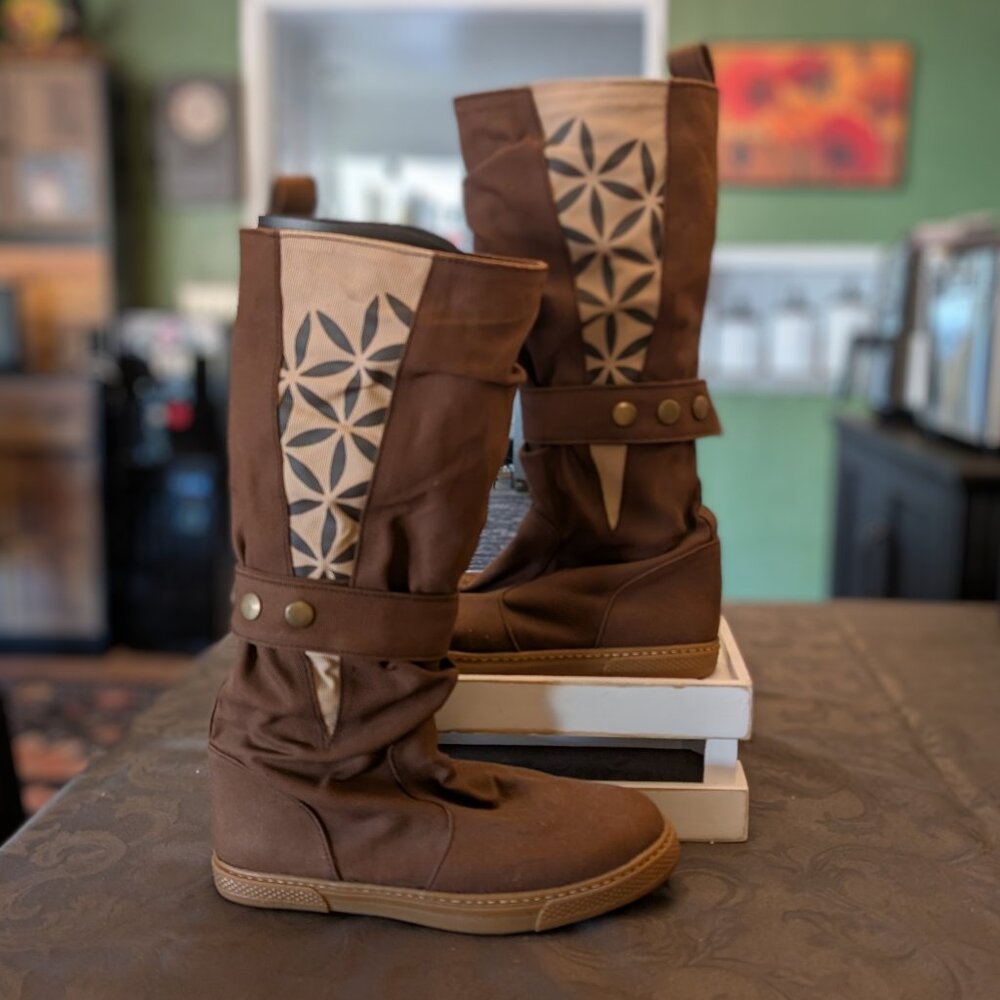 Chintamani Alchemistry Flower of Life Brown Vegan Handmade Canvas Boots Size 39